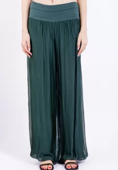 Pantaloni verde inchis din matase naturala, tip salvari imagine