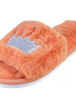 Papuci de casa portocalii cu coronita argintie brodata imagine
