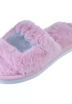 Papuci de casa roz inchis cu coronita argintie brodata imagine