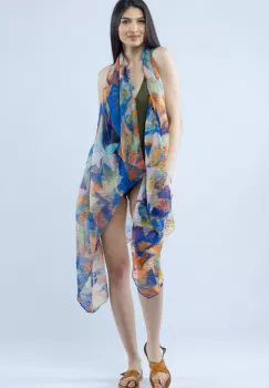 Pareo plaja din material plisat matasos si usor, imprimeu abstract bleumarin si portocaliu imagine