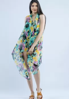 Pareo plaja din material plisat matasos si usor, imprimeu floral galben, mov si verde imagine