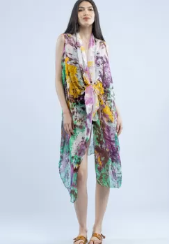 Pareo plaja din material plisat matasos si usor, imprimeu marmorat cu mov, verde si galben imagine