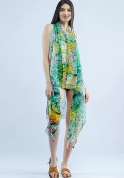 Pareo plaja din material plisat matasos si usor, imprimeu marmorat verde si galben imagine