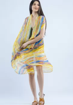 Pareo plaja din material plisat matasos si usor, imprimeu pictural galben, portocaliu si mov imagine