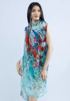 Pareo plaja din material plisat matasos si usor, in nuante de turcoaz si corai imagine