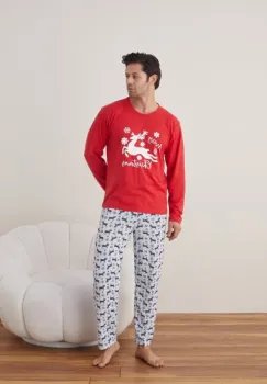 Pijama barbati de Craciun din bumbac, doua piese cu renul lui Mos Craciun imagine