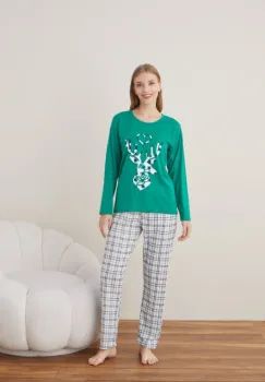 Pijama de Craciun din bumbac, doua piese cu Renul lui Mos Craciun pe verde imagine