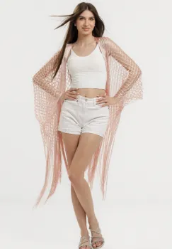 Poncho roz din plasa cu fir auriu si franjuri lungi imagine
