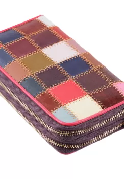 Portofel cu patrate multicolore, din piele naturala, cu doua fermoare imagine