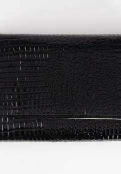 Portofel din piele naturala lucioasa, cu aspect piele de sarpe si capse interioare, negru imagine