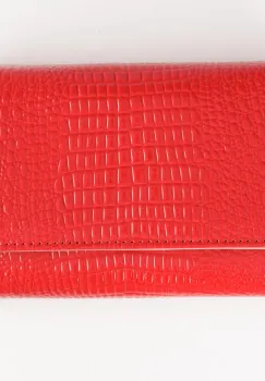 Portofel din piele naturala lucioasa, cu aspect piele de sarpe si capse interioare, rosu imagine