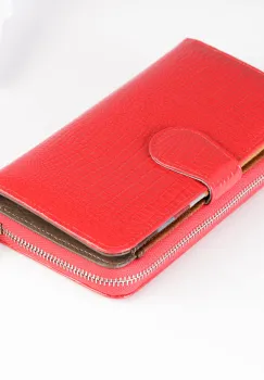 Portofel din piele naturala lucioasa, cu aspect piele de sarpe si prindere cu capsa exterioara, rosu imagine