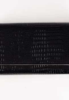 Portofel din piele naturala lucioasa, cu aspect piele de sarpe si prindere cu capsa, negru imagine