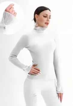 Pulover alb cu volanas plisat la maneca si la gat imagine