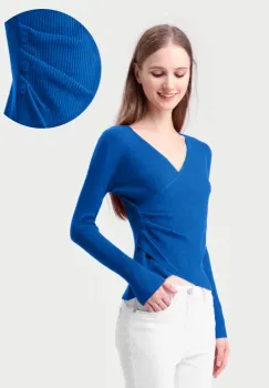 Pulover albastru cu striatii, cu bust petrecut in V si nasturei pe-o parte imagine