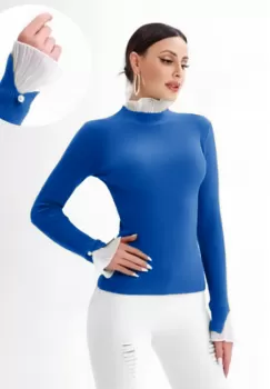 Pulover albastru cu volanas plisat la maneca si la gat imagine