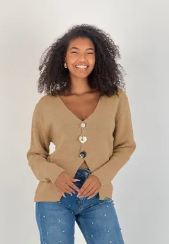 Pulover camel moale si fin cu trei nasturi mari aurii, oversize imagine