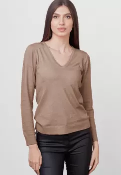 Pulover cu decolteu V, din vascoza, bej inchis imagine
