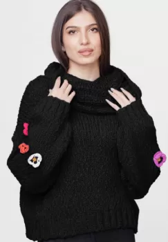 Pulover cu guler bogat, cu ochiuri mari si flori pe maneci, negru imagine