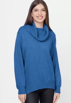 Pulover cu guler inalt elegant, din vascoza si lana, albastru imagine