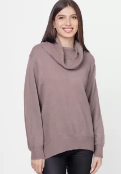 Pulover cu guler inalt elegant, din vascoza si lana, bej inchis imagine