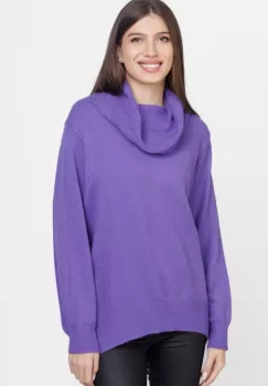 Pulover cu guler inalt elegant, din vascoza si lana, mov imagine