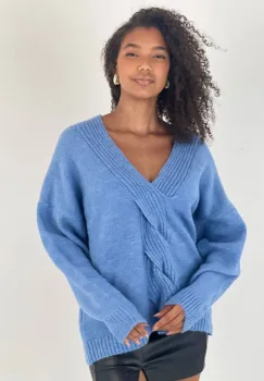 Pulover cu impletitura decorativa pe piept si decolteu in V, bleu imagine