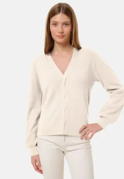 Pulover cu impletitura decorativa si decolteu in V, alb imagine