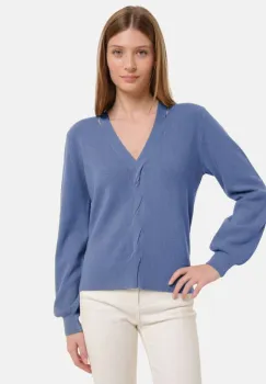 Pulover cu impletitura decorativa si decolteu in V, bleu imagine