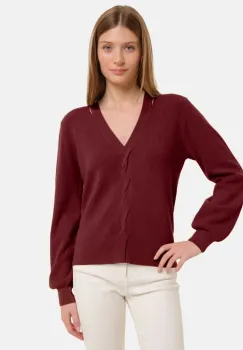 Pulover cu impletitura decorativa si decolteu in V, bordo imagine