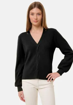 Pulover cu impletitura decorativa si decolteu in V, negru imagine