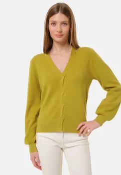 Pulover cu impletitura decorativa si decolteu in V, verde oliv imagine