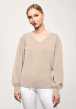 Pulover cu maneca bufanta si decolteu in V, din tricotaj fin, bej imagine