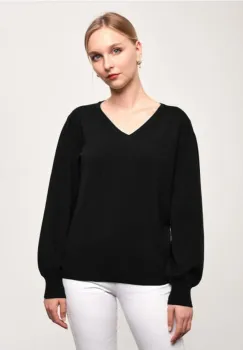 Pulover cu maneca bufanta si decolteu in V, din tricotaj fin, negru imagine