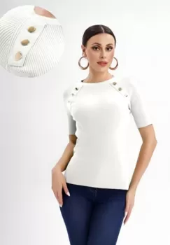 Pulover cu maneca scurta si nasturi metalici decorativi, alb imagine