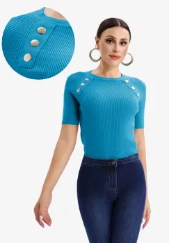 Pulover cu maneca scurta si nasturi metalici decorativi, albastru imagine