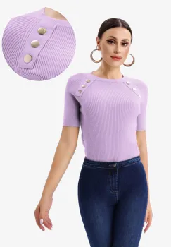 Pulover cu maneca scurta si nasturi metalici decorativi, lila imagine