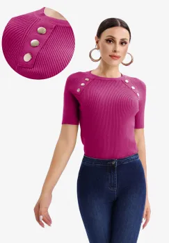 Pulover cu maneca scurta si nasturi metalici decorativi, mov zmeura imagine