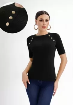 Pulover cu maneca scurta si nasturi metalici decorativi, negru imagine