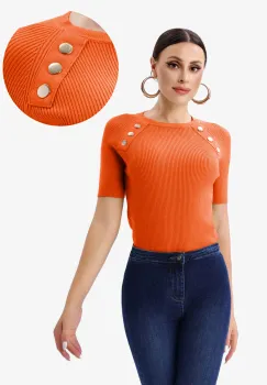 Pulover cu maneca scurta si nasturi metalici decorativi, portocaliu imagine