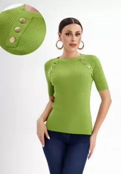 Pulover cu maneca scurta si nasturi metalici decorativi, verde olive imagine