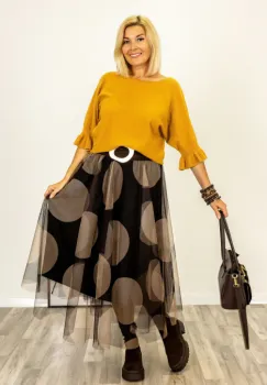 Pulover cu maneci scurte si volane la mansete din vascoza, galben imagine