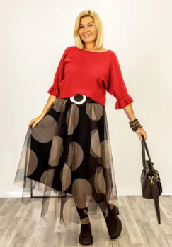 Pulover cu maneci scurte si volane la mansete din vascoza, rosu imagine