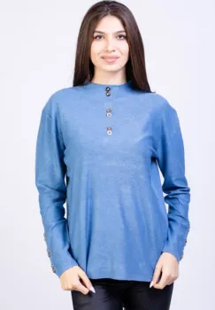 Pulover cu nasturei aurii pe decolteu si la maneci, albastru imagine