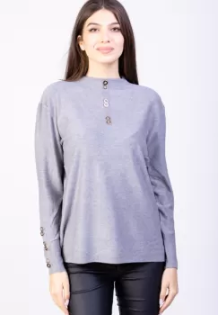 Pulover cu nasturei aurii pe decolteu si la maneci, gri imagine