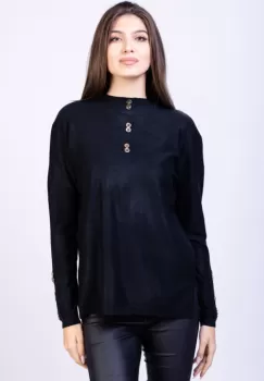 Pulover cu nasturei aurii pe decolteu si la maneci, negru imagine