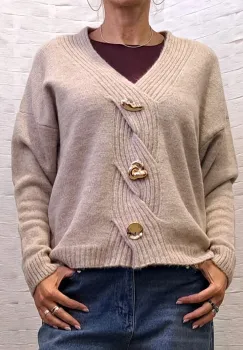Pulover cu nasturi decorativi impletitura decorativa pe piept si decolteu in V, bej imagine