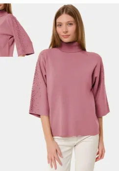 Pulover cu pietricele argintii, cu guler inalt si maneca 3 4, din tricotaj fin, roz inchis imagine