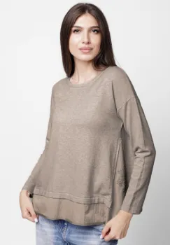 Pulover evazat cu angora, cu insertii laterale brodate, bej imagine