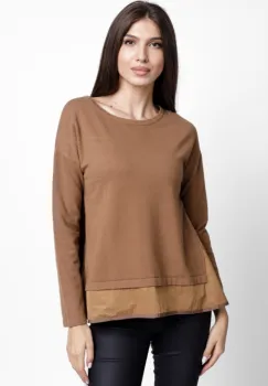 Pulover evazat cu angora, cu insertii laterale brodate, camel imagine